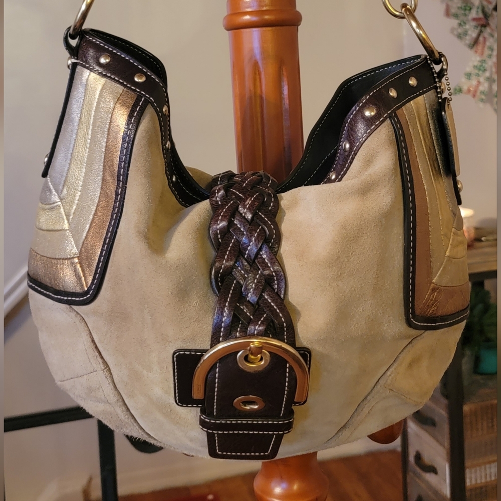 Coach Maggie Brass Studded Metallic Gold Brown Detail Shoulder Hobo Bag